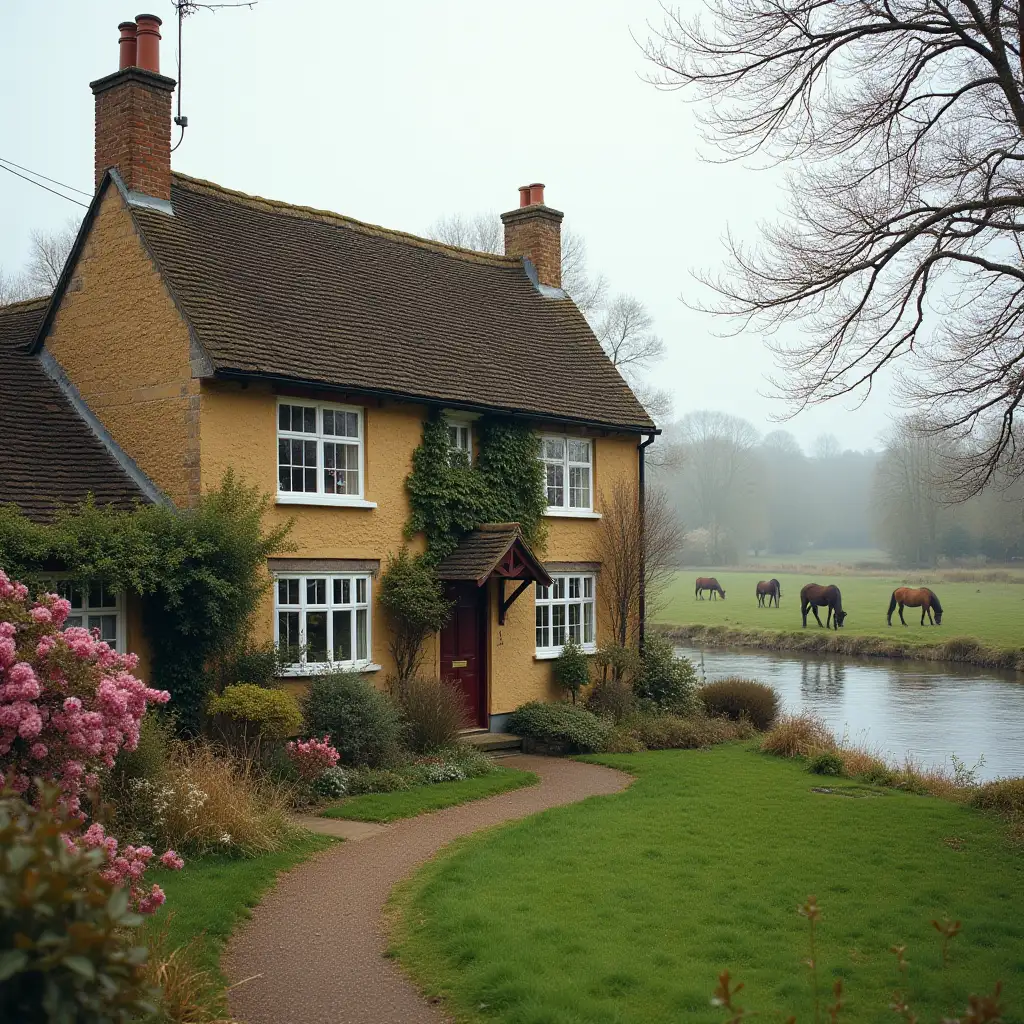 A cottage in the countryside by the river, with horses grazing across the river in England. The cottage has a vintage style and large windows. The weather is spring-like. There are pink flowers in front of the house.