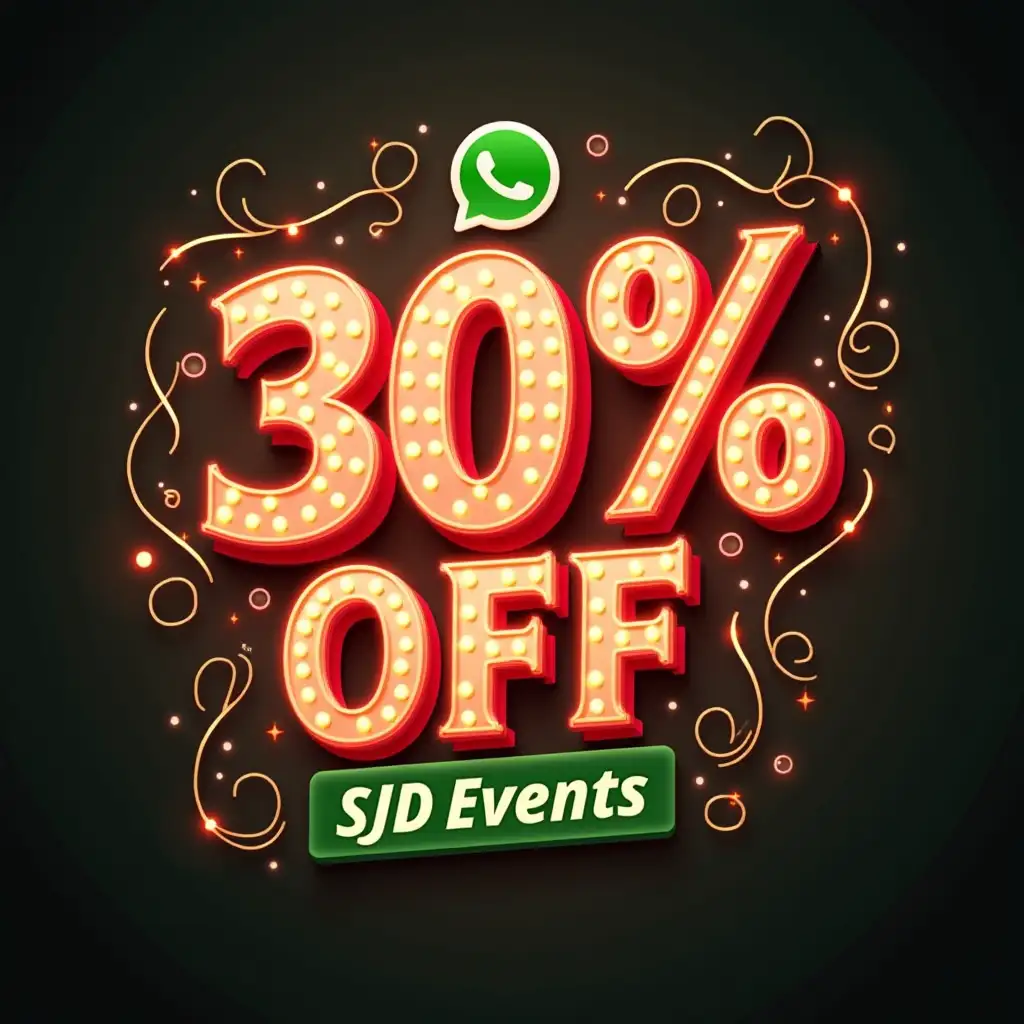 Create a clean and visually striking promotional graphic featuring the text '30% OFF' in a bold, glowing 3D style with a polished, professional effect. Add the business name 'SJD Events' prominently below the main text in a stylish, complementary font. Use a vibrant coral red (#ED6363) combined with WhatsApp green (#25D366) for a cohesive and eye-catching color palette. Enhance the design with soft gradients, shadows, and subtle sparkles for depth and elegance. Surround the '30% OFF' text with ornate flourishes, abstract patterns, or decorative ribbons for emphasis. Include a WhatsApp icon integrated into the design, complemented by glowing accents or minimal decorative elements to draw attention. Keep the layout clean, with SJD Events and the '30% OFF' offer as the dominant focus, ensuring the graphic remains visually appealing and sophisticated.