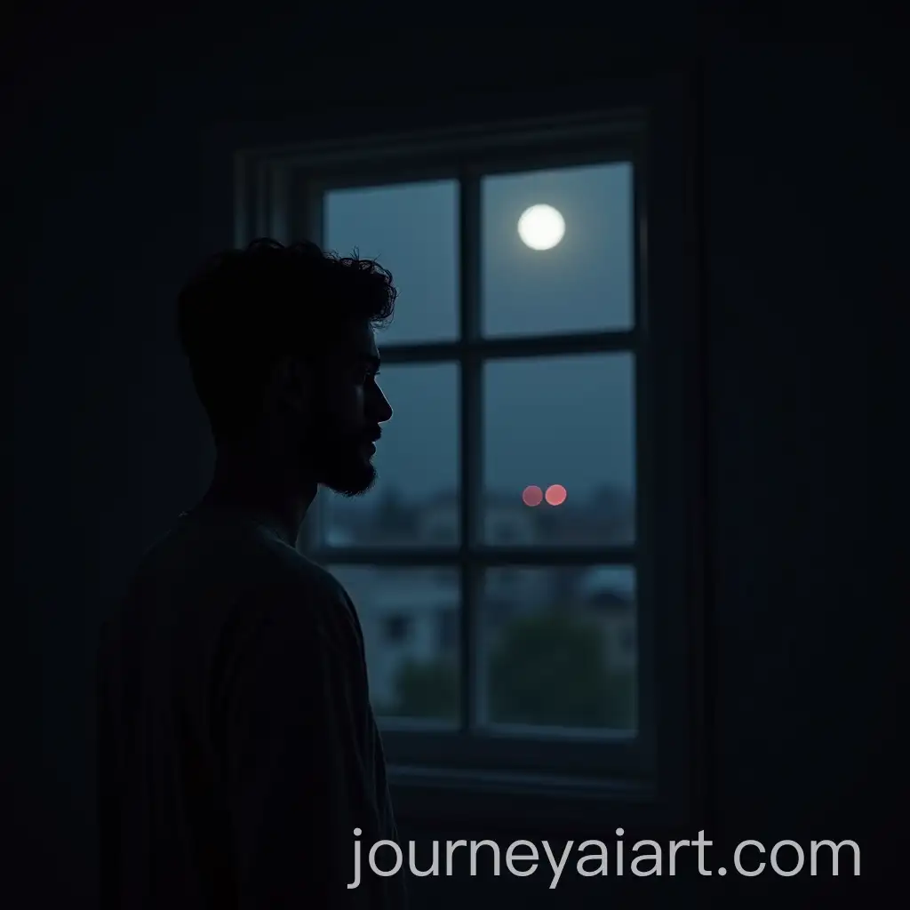 Young-Indian-Man-in-Dimly-Lit-Room-Gazing-at-Moonlit-Car-with-Sadness