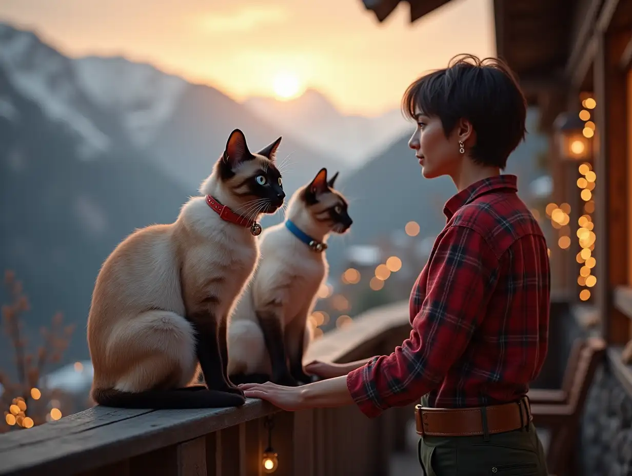 An cinematic action Fantasy, of an Adult Female Tonkanise/siamese medium size cat with Blue eyes, Red collar with a small bell, Dark tips, blue short fur, and an Adult Male Tonkanise/siamese medium size cat with Green eyes, Blue collar with a small bell, dark tips, light platinum short fur gracefully sitting on a hand rail of a balcony of a chalet, a mature woman with short jet black hair, wearing a red chequered shirt, leather belt, olive green long trousers, leather alpine hiking boots, is standing at the balcony looking to the mountains, surrounded by shimmering lights. the sun is setting creating a magical and dreamlike atmosphere. ultra realistic