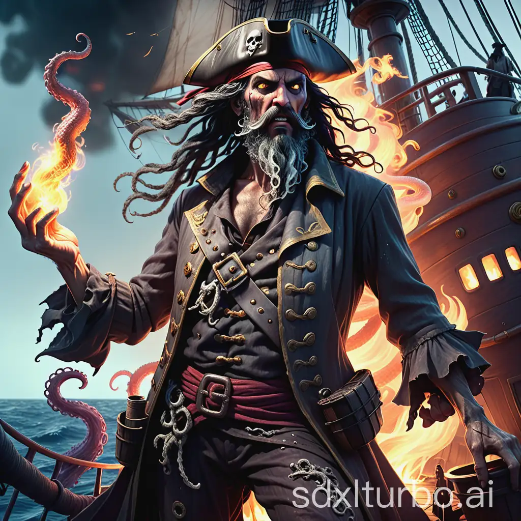 A bold pirate with a wild shock of black hair and a long, grey-streaked beard, dressed in tattered and worn pirate attire, stands defiantly on the deck of a sturdy sailing ship, his eyes burning with determination as he launches a bucketful of burning oil into a writhing mass of ghostly, ethereal tentacles that twist and turn in the air, their translucent bodies glowing with an otherworldly light as they attempt to seize the ship in a deathly, spectral grip.