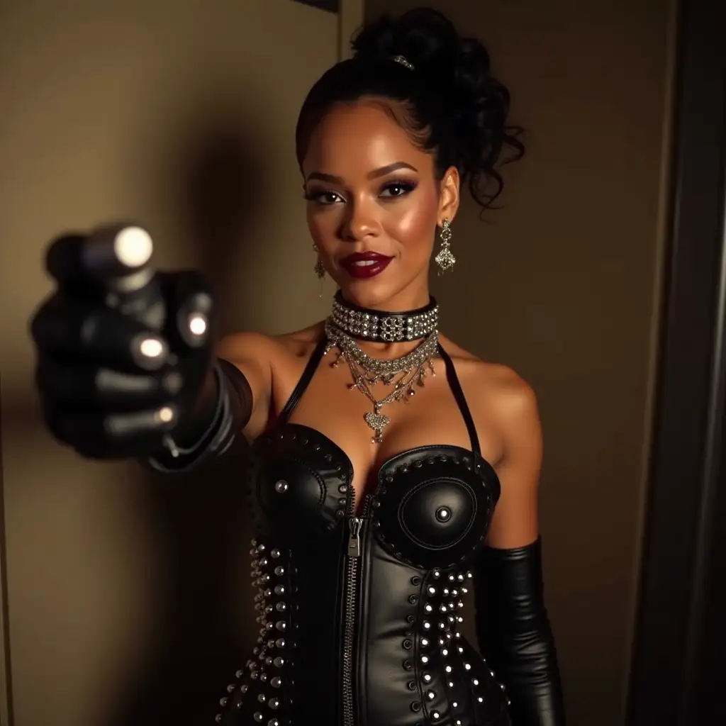 Rihanna-in-Leather-Corset-and-Spikes-Pointing-Remote-Control