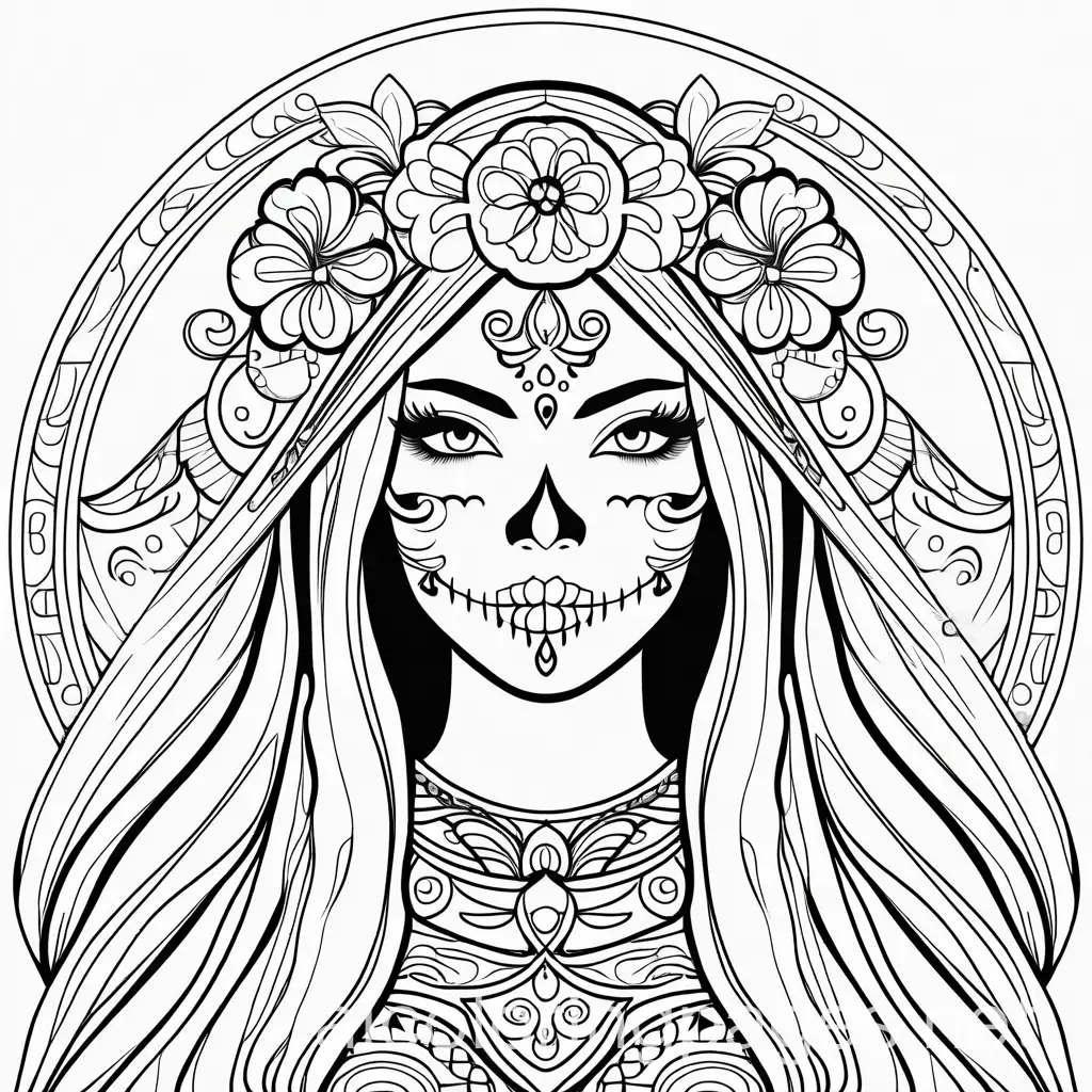 Line art. Mexico lady with long black hair with sugar skull make up, Coloring Page, black and white, line art, white background, Simplicity, Ample White Space. The background of the coloring page is plain white to make it easy for young children to color within the lines. The outlines of all the subjects are easy to distinguish, making it simple for kids to color without too much difficulty