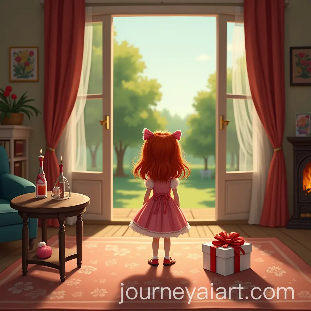 RedHaired-Girl-in-Festive-Pink-Dress-Standing-in-Detailed-Living-Room