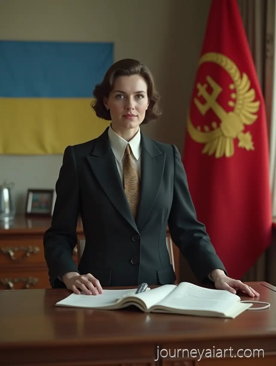 1960s-Woman-Politician-in-Ukrainian-SSR-Office-with-USSR-Flag-and-Coat-ofWoman-politician-1960s-Ukraine-Arms