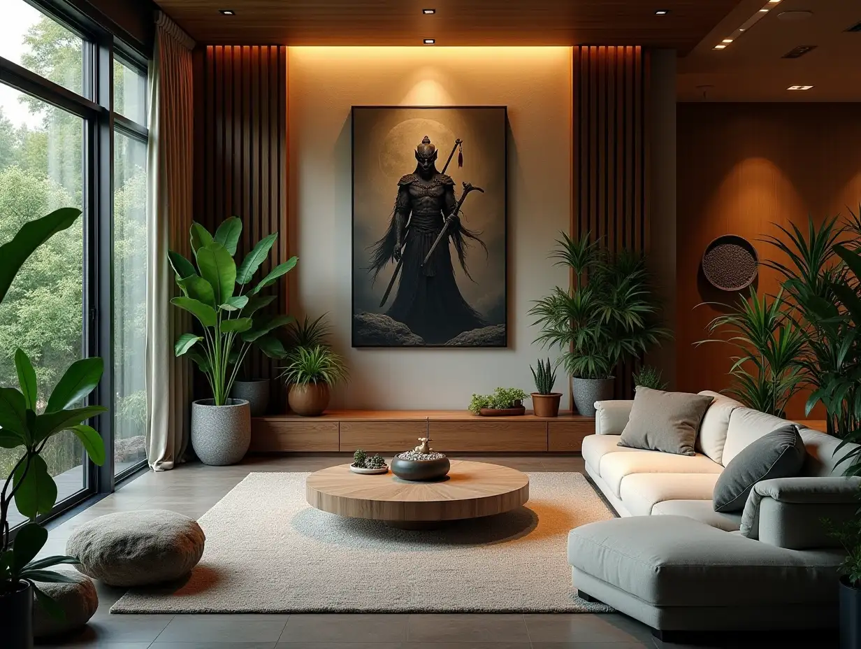 Large modern living room lighting with furniture very many plants with DEMON SLAYER IMAGE on the wall Zen garden with carefully tended rocks, a meditative 180 degree shots 8K resolution