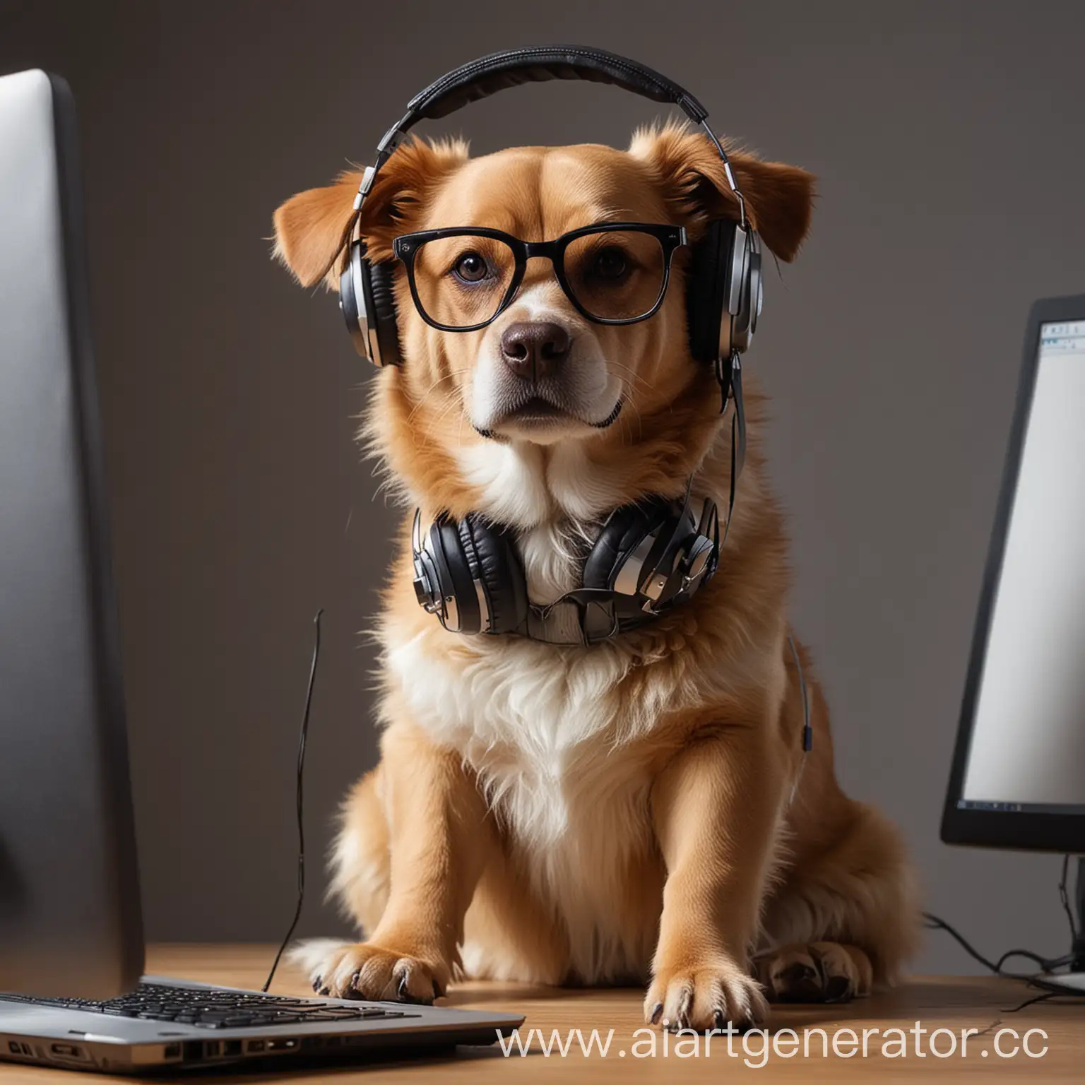 Stylish-Dog-in-Glasses-and-Headphones-Using-Computer