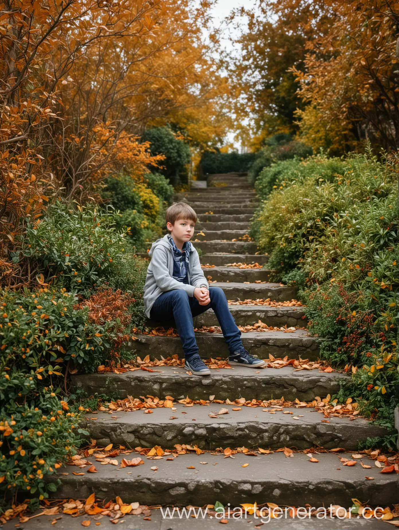 Boy-Sitting-on-Stone-Steps-Surrounded-by-Autumn-Bushes