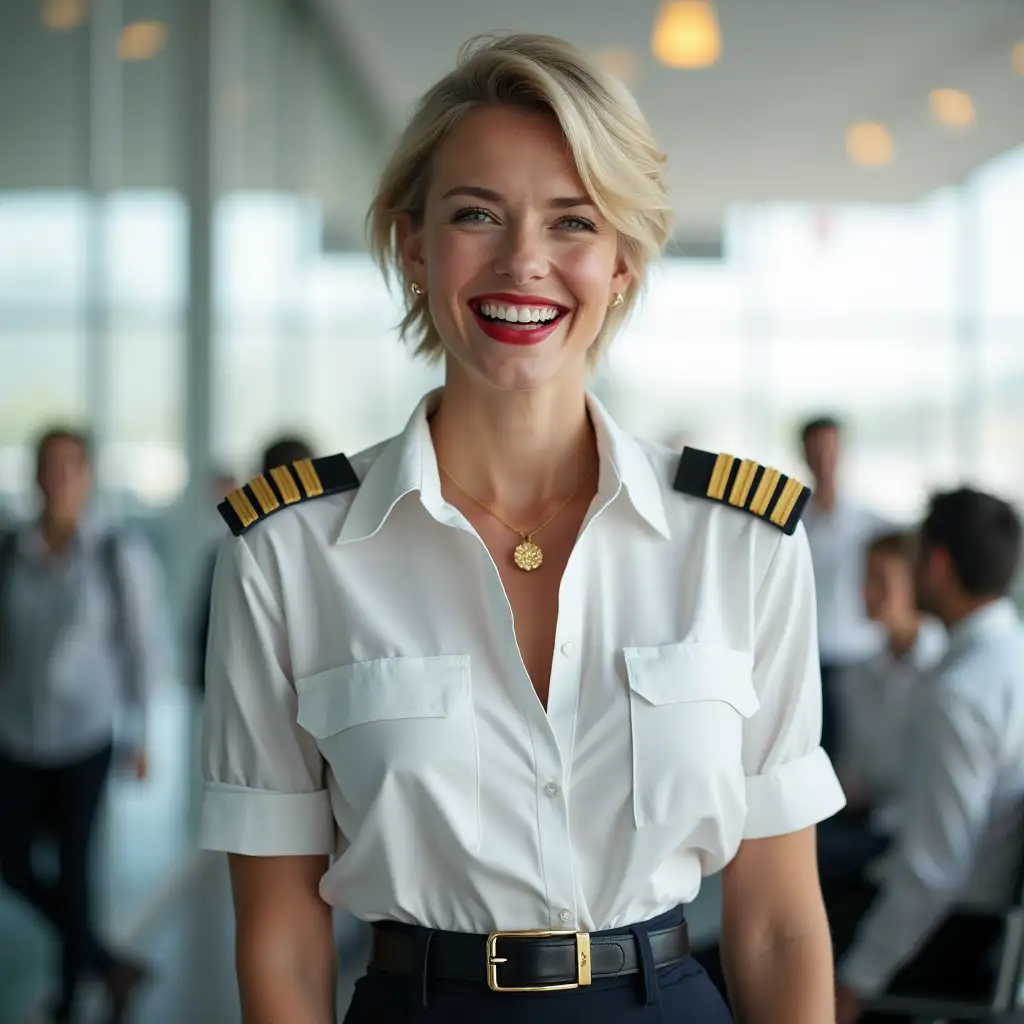 white norvegian pilot lady, in white deep-necked pilot shirt, laughing with her mouth open, red lipstick accentuating her smile,belt on waist, big wide hips, chest are fully grown, jewerly, short hair, HD, enjoing at airport , photo-realism