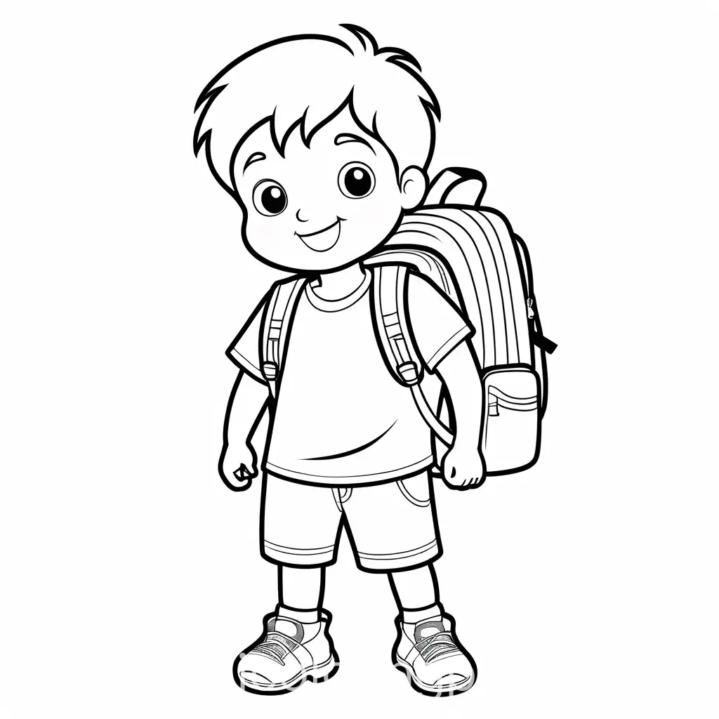 happy little boy wearing back pack and shorts, Coloring Page, black and white, line art, white background, Simplicity, Ample White Space. The background of the coloring page is plain white to make it easy for young children to color within the lines. The outlines of all the subjects are easy to distinguish, making it simple for kids to color without too much difficulty