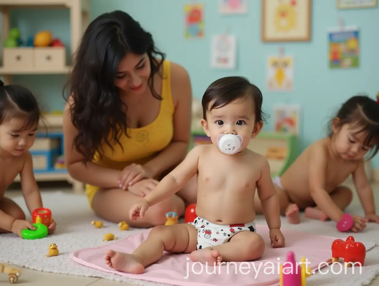 Young-Iranian-Mother-and-Baby-Boy-in-a-Colorful-Kindergarten-Playpen-with-Girls-Playing