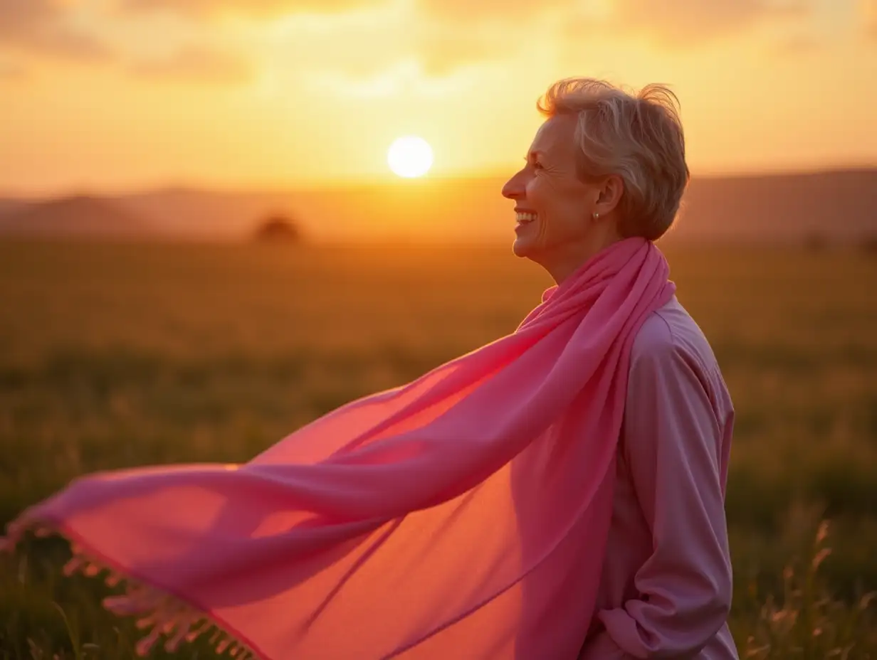 mature woman fighting cancer with a pink scarf on. nature at sunset - breast cancer survivor concept -