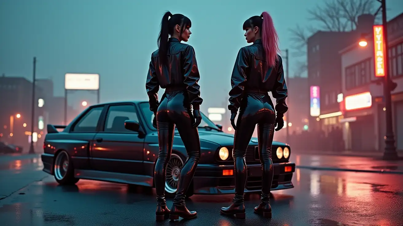 Cyberpunk-Women-in-Shiny-PVC-Jumpsuits-with-BMW-M3-E30-in-Dusk-Cityscape