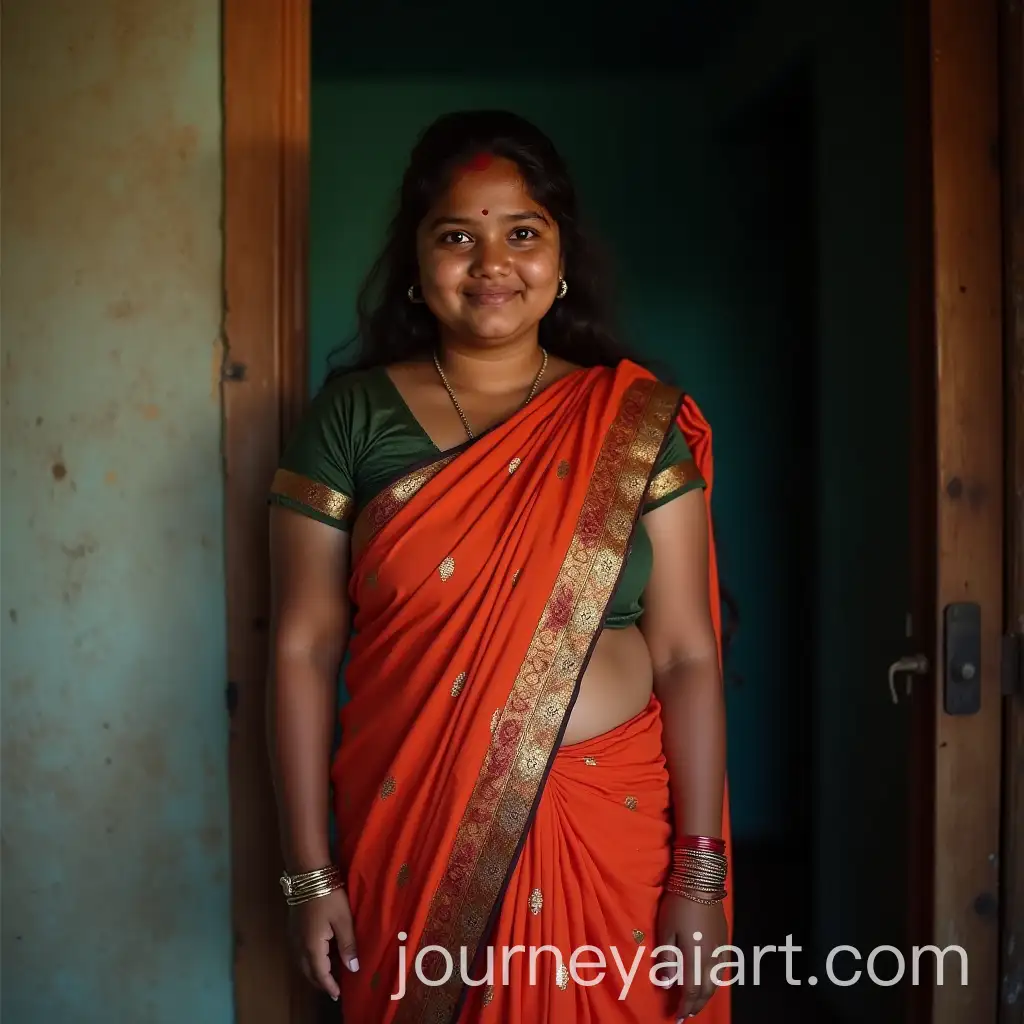 Beautiful-Bangladeshi-Girl-in-Saree-Standing-in-a-Village-House