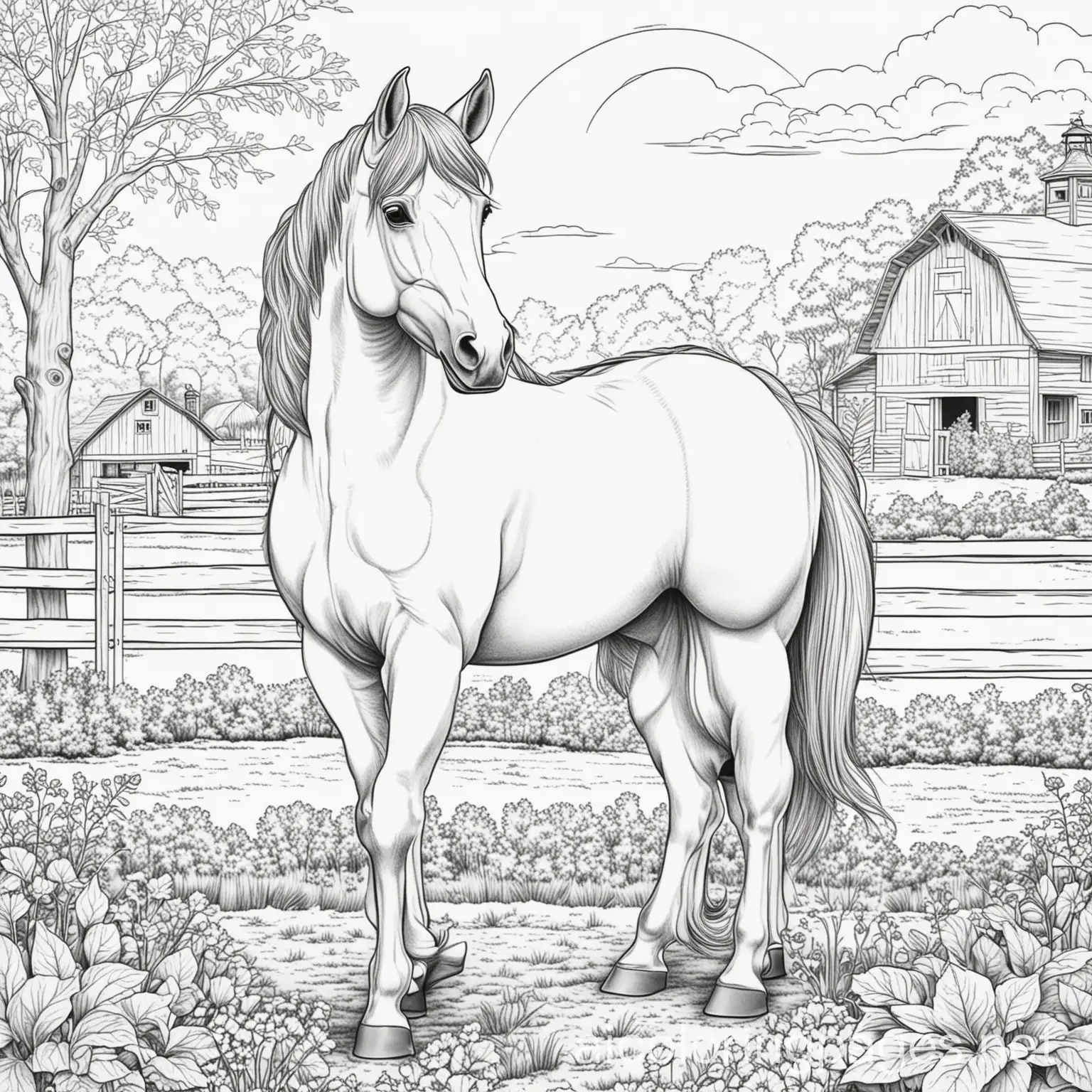 Farm-Horse-Coloring-Page-Black-and-White-Line-Art