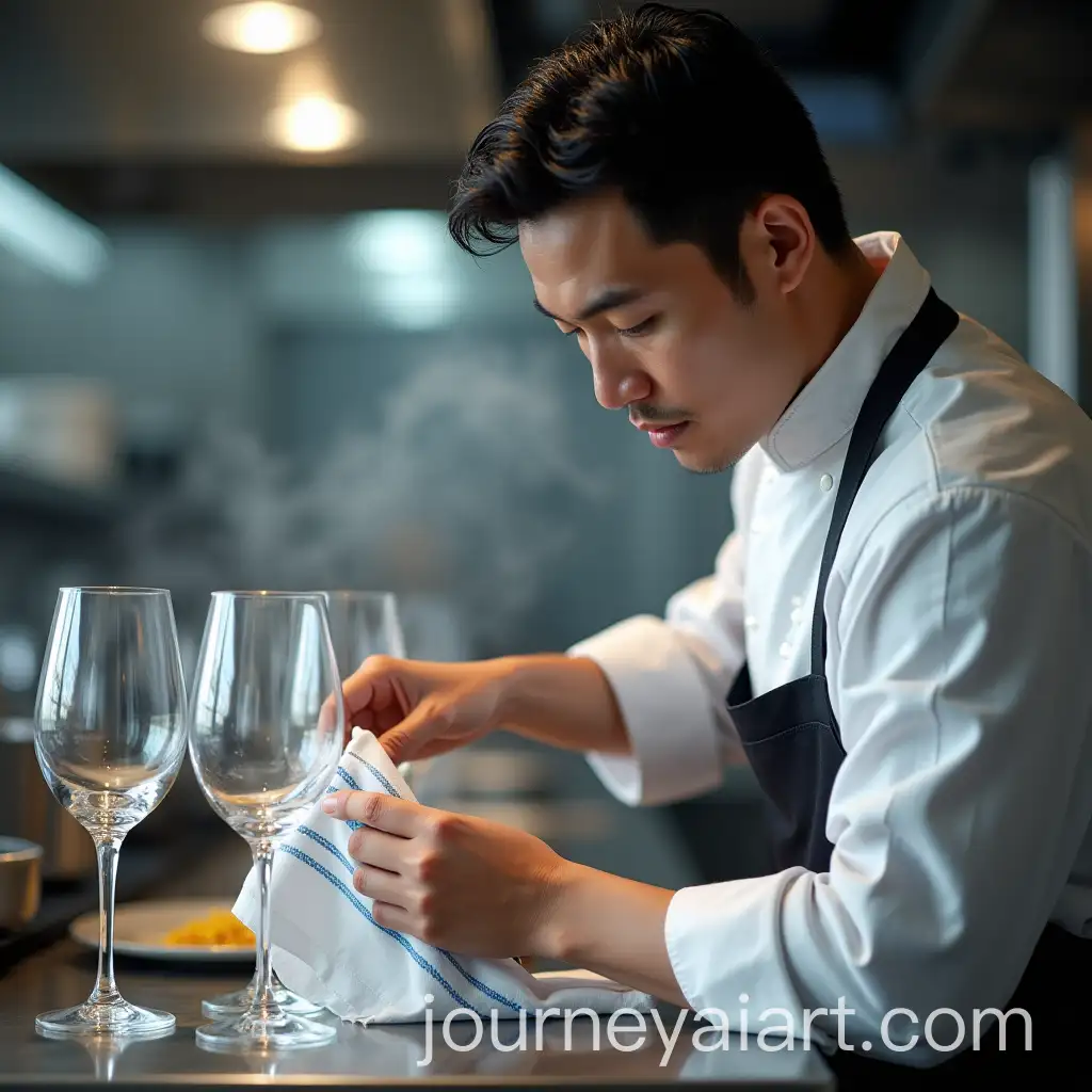 AsianAI-Image-Prompt-Expansion-Male-Chef-Cleaning-Wine-Glasses-in-HighEnd-Hotel-Kitchen