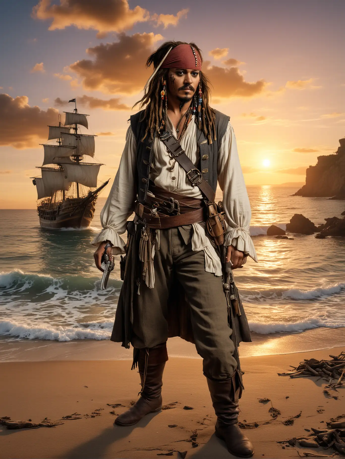 Captain-Jack-Sparrow-in-Heroic-Pose-Against-Sunset-Beach-Landscape-with-Ship