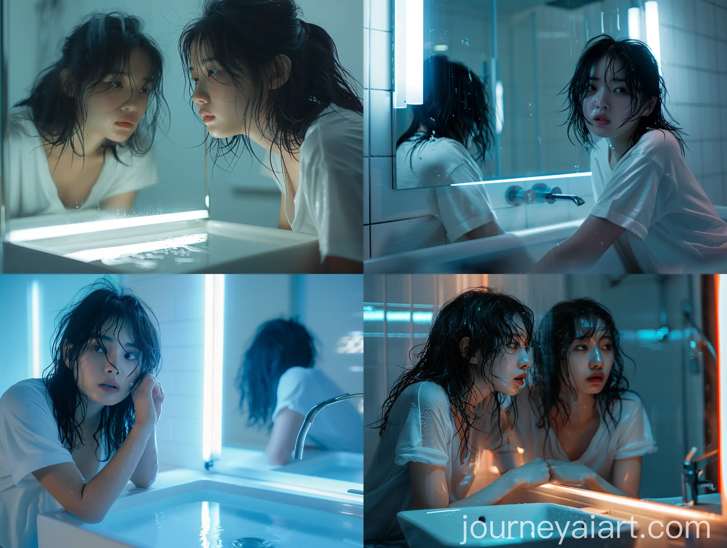 Young-Korean-Woman-in-Modern-Bathroom-with-Dim-Lighting-and-Reflective-Mirror