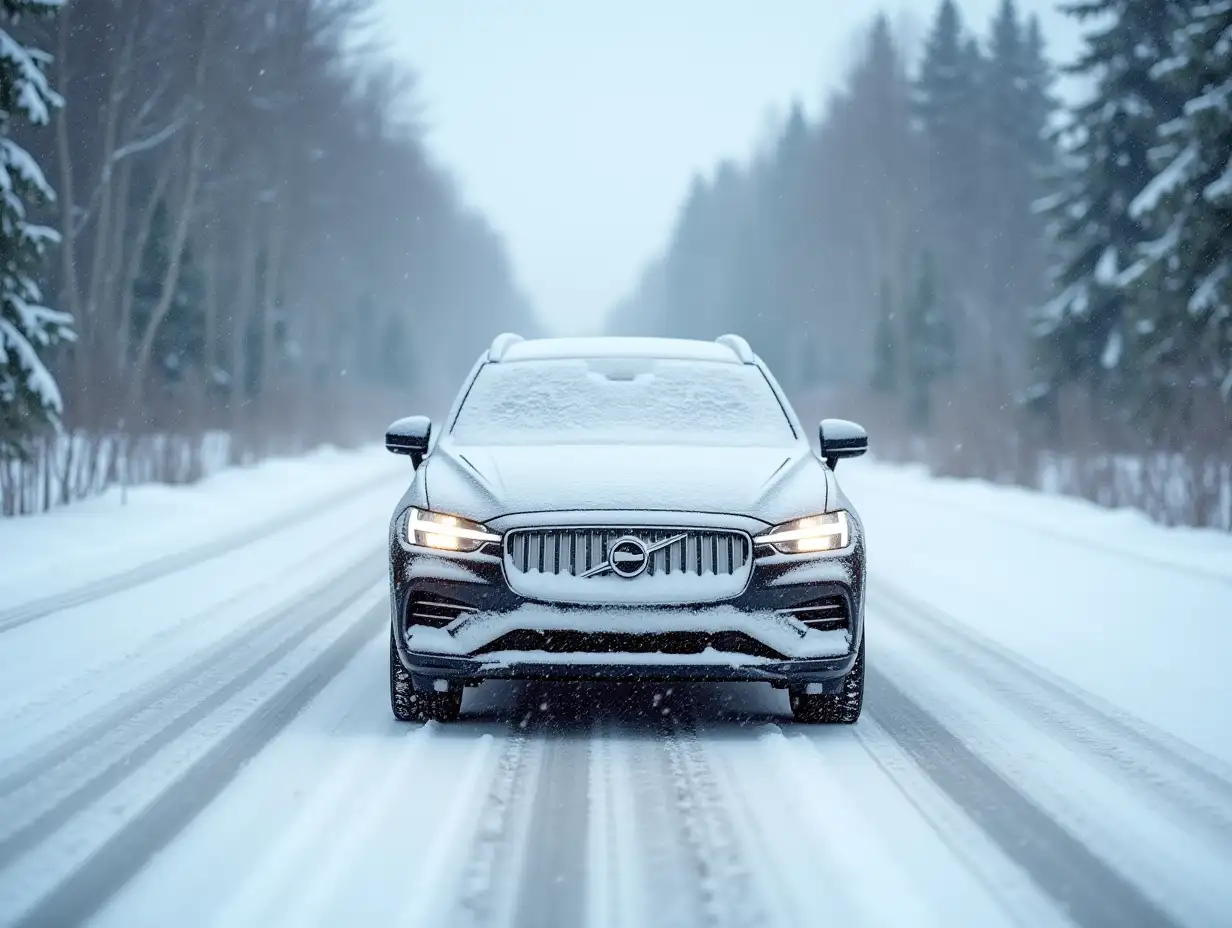 Car covered with snow and ice driving on the winter road. Beautiful landscape of winter forest and snowy country side.