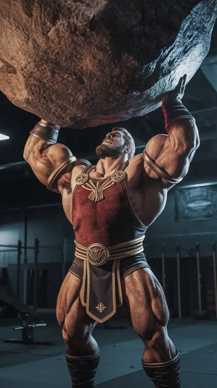 Superhero possesses ultra brawn and Herculean powers. Reverent mood. Inside an empty gym at night. Photorealistic.
