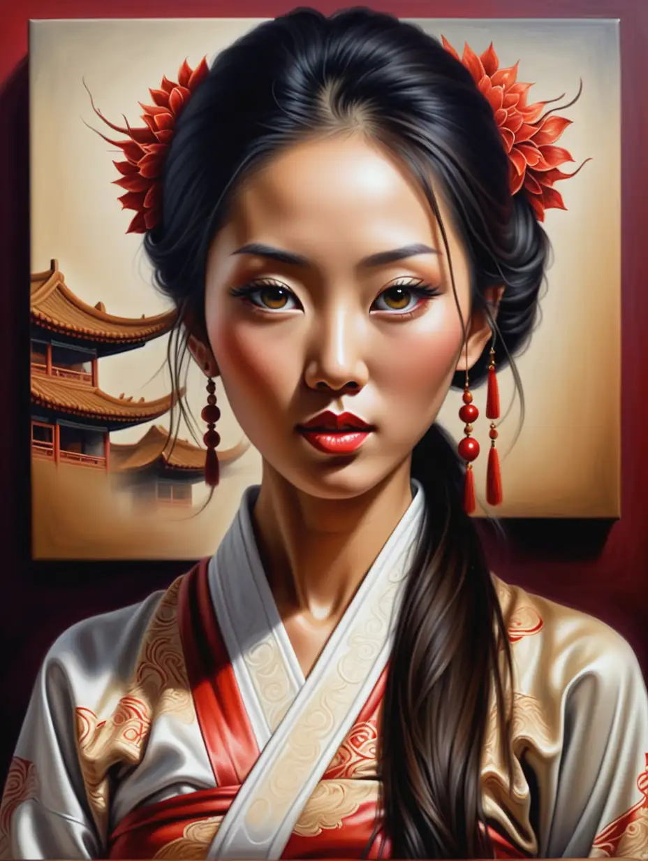 Oriental Woman with Visual Illusion and Deception in Oil Painting