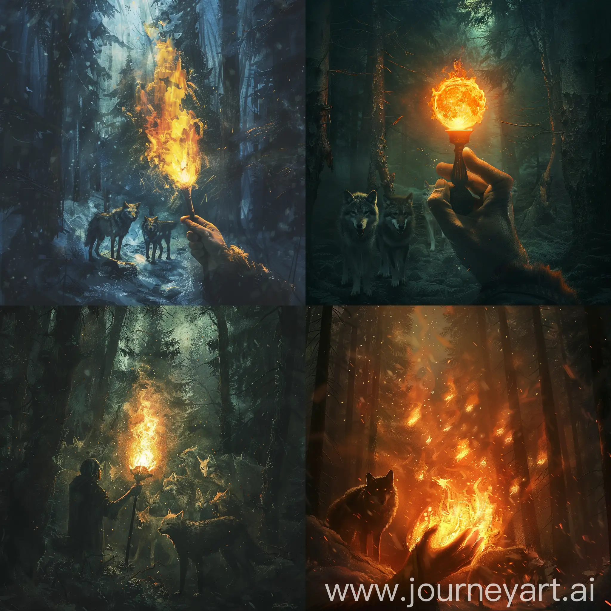 Bright-Torch-in-Dark-Forest-with-Wolves