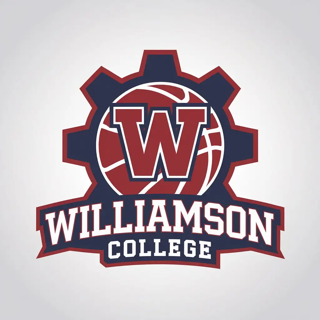 LOGO Design for Williamson College Letter W Inside Gear with Basketball Red and Blue Colors