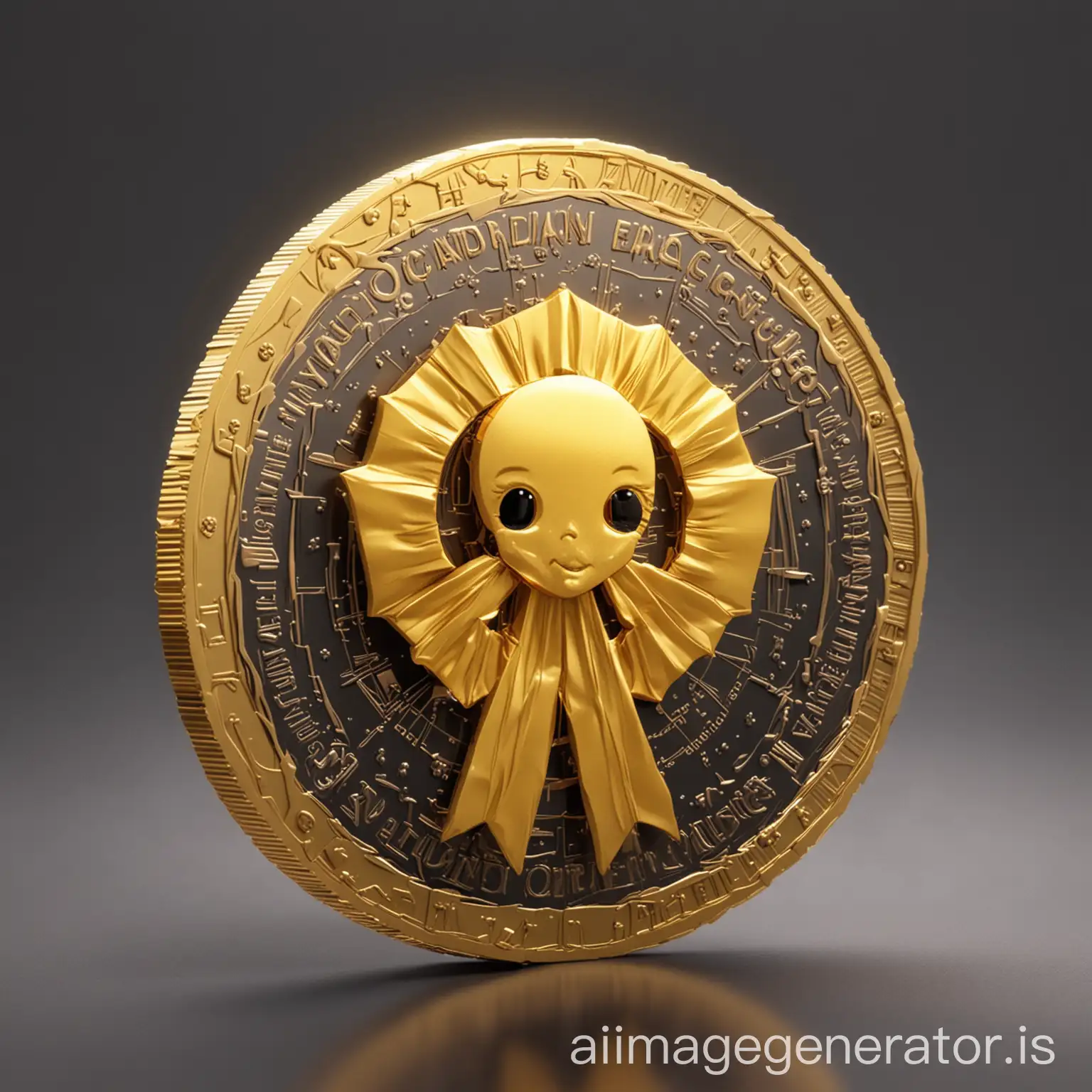 Futuristic gold crypto coin with a gold childhood cancer ribbon on the front of it.