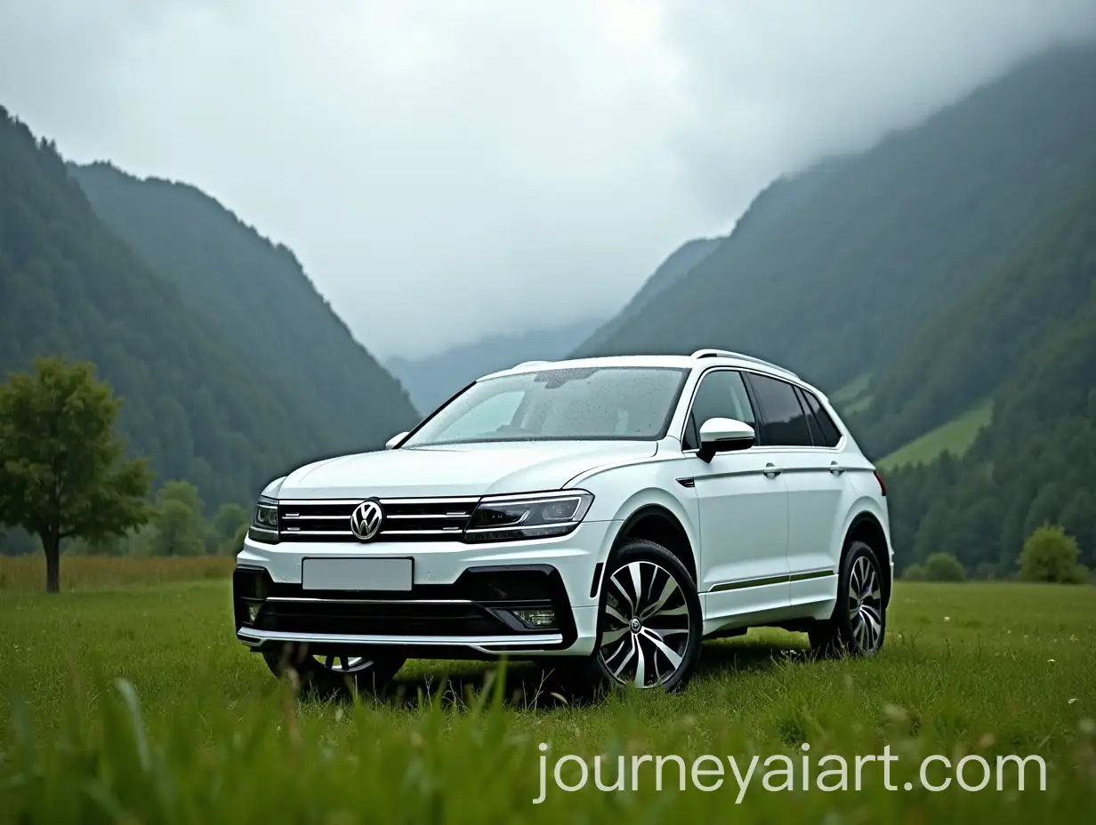 White-VW-Tiguan-RLine-on-a-Lush-Green-Meadow-with-Mountainous-Background-and-Slight-Rain