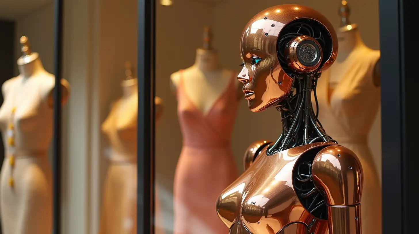 Copper and Chrome Robot Admiring Fashion in a Boutique Window