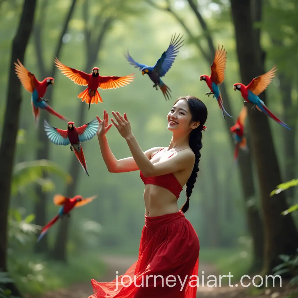 Joyful-Chinese-Woman-Dancing-in-Forest-with-Colorful-Parrots