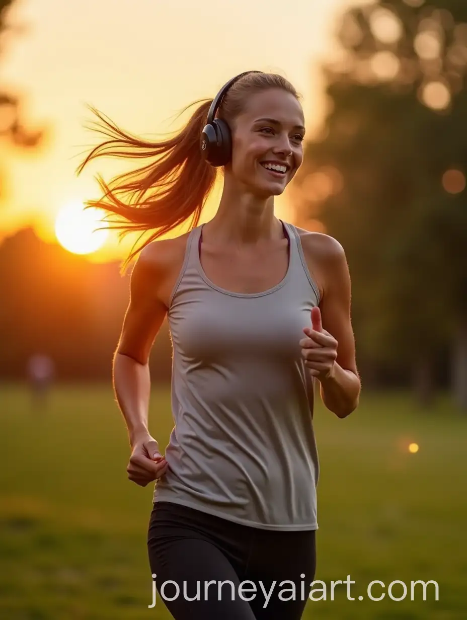 Young-Woman-Jogging-in-Park-with-Headphones-and-Sunrise-Glow