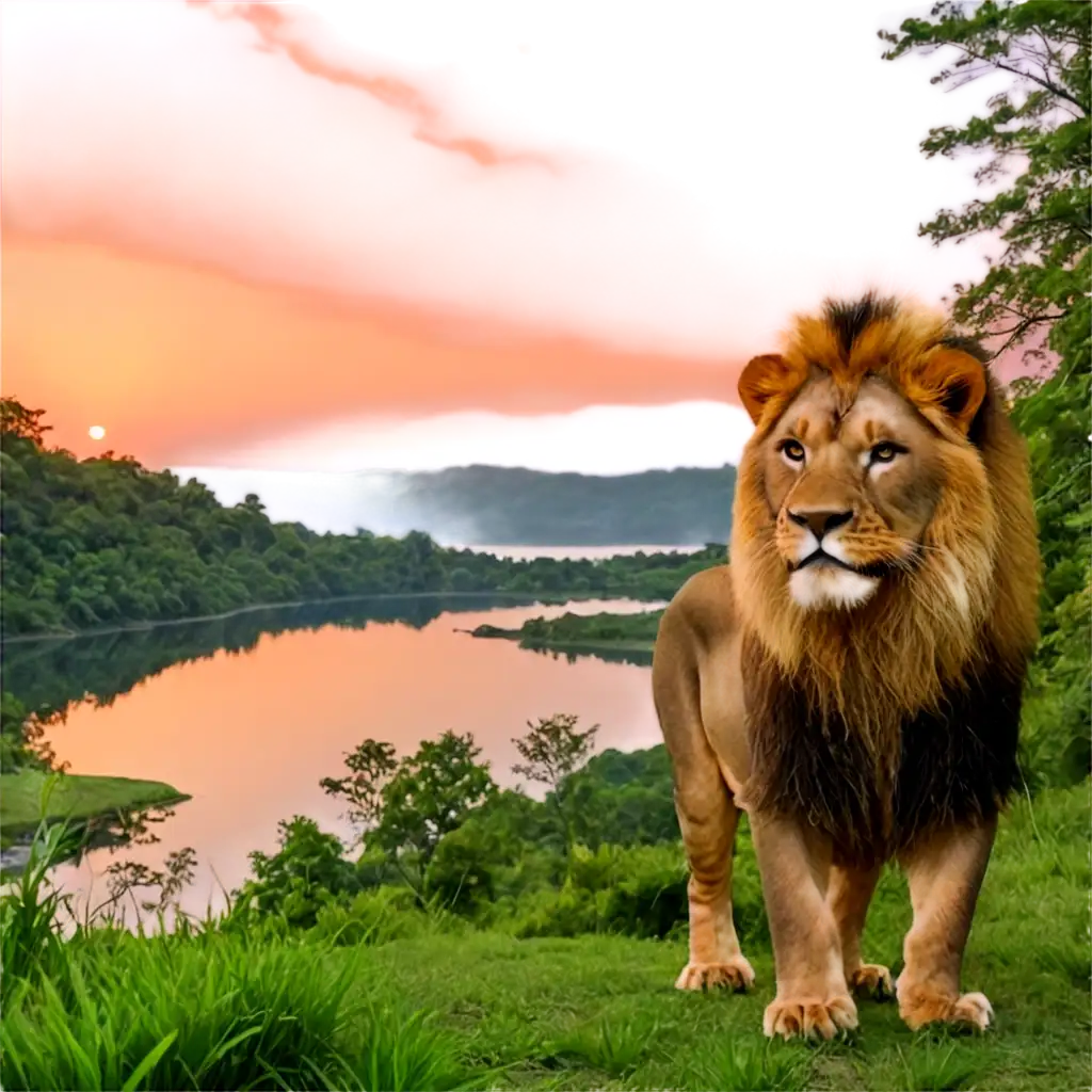 Realistic-Lion-in-Green-Forest-with-Lakes-at-Sunset-PNG-Image