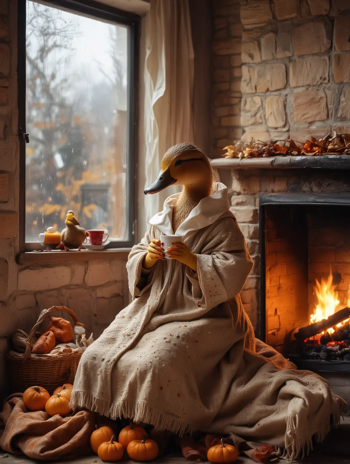 Cozy-Autumn-Duck-in-Human-Clothes-Sipping-Tea-by-the-Fireplace