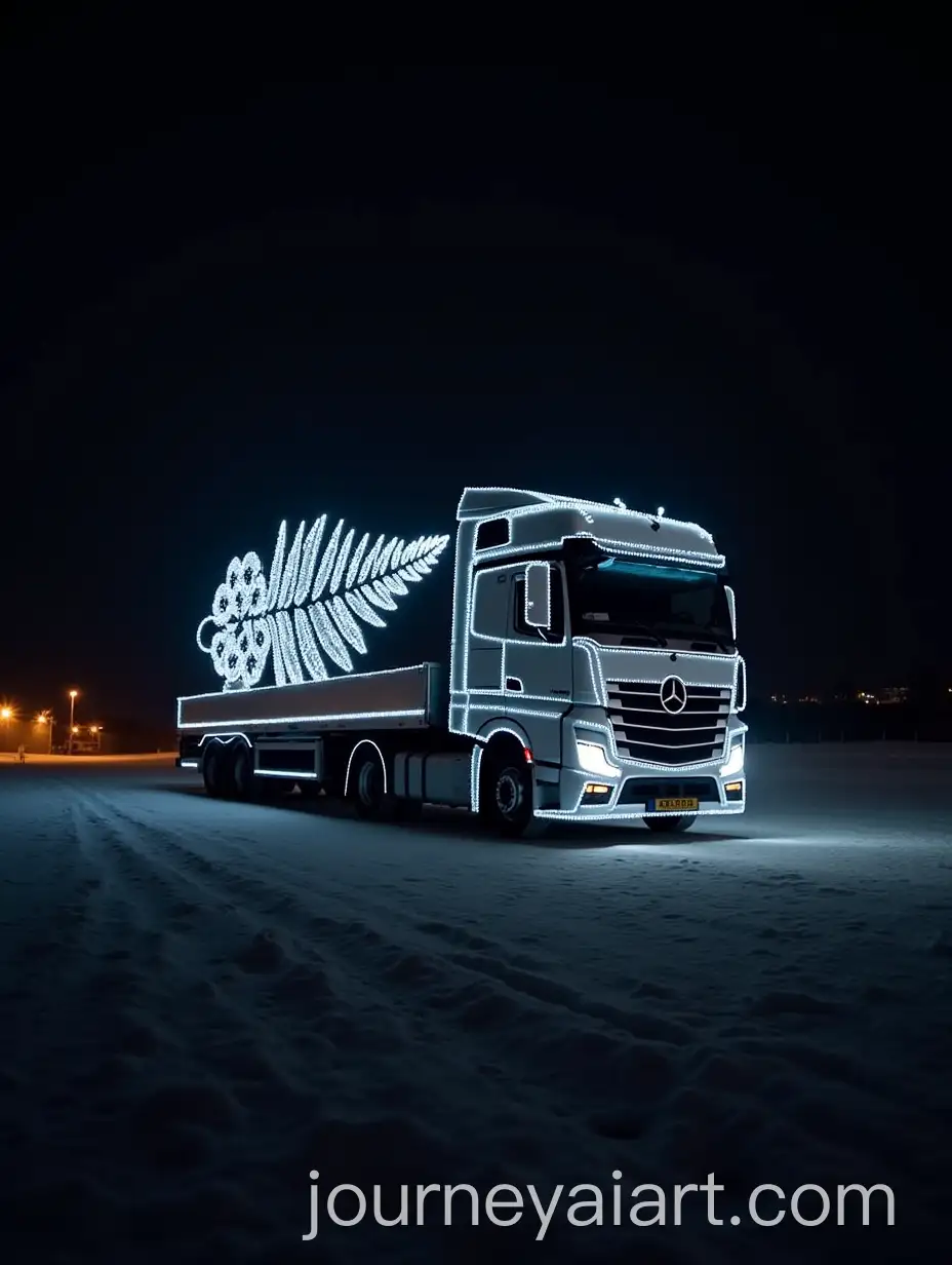 White-Mercedes-Actros-1845-Truck-with-Lighted-Christmas-Tree-Cargo-in-Snowy-Night