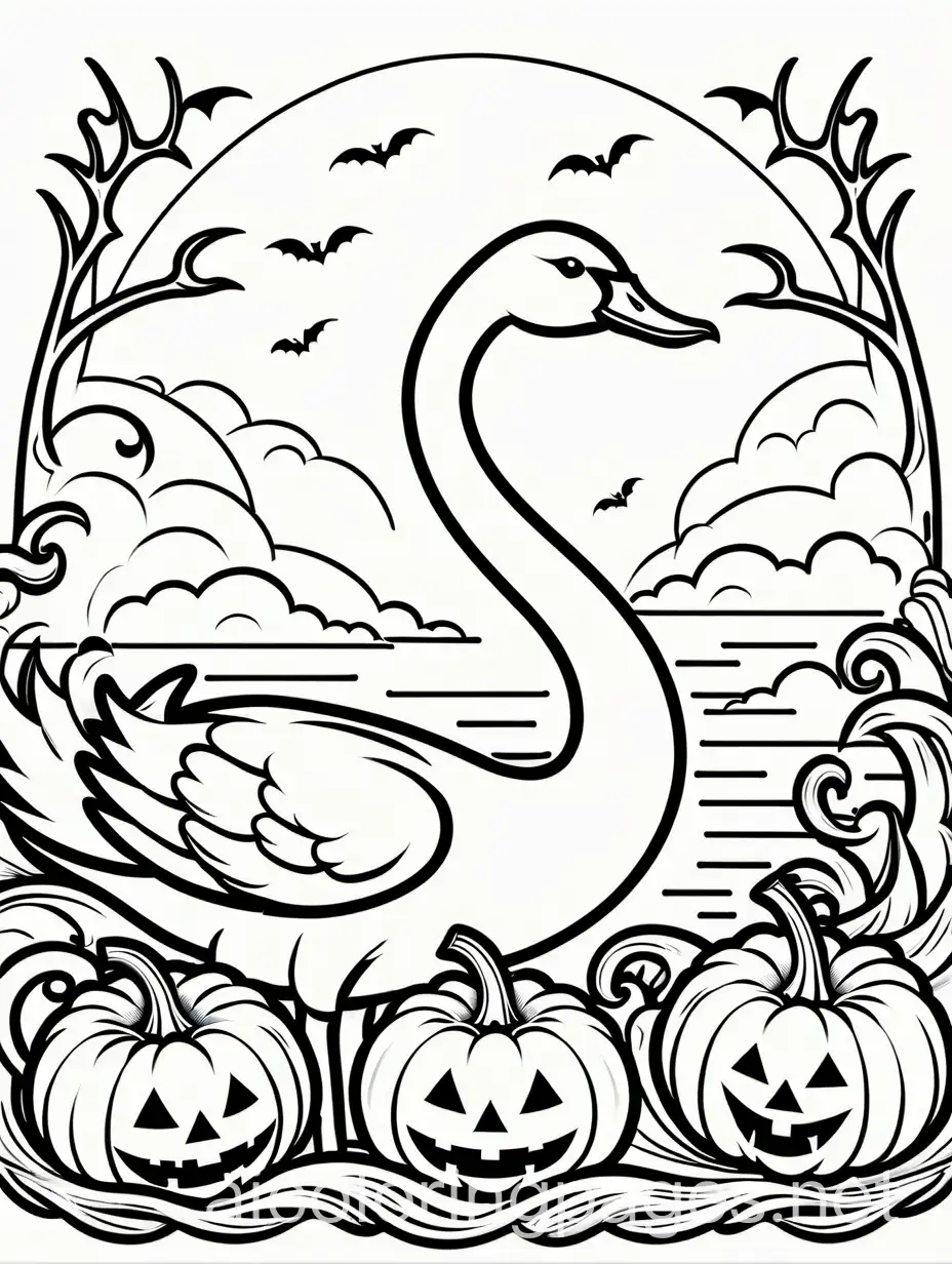 Trumpeter-Swan-Surrounded-by-Halloween-JackoLanterns-for-Kids-Coloring-Page