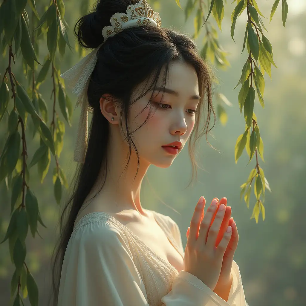 images of a sensual, melancholic ancient woman with willow branches, a sad color palette, and Chinese classical style