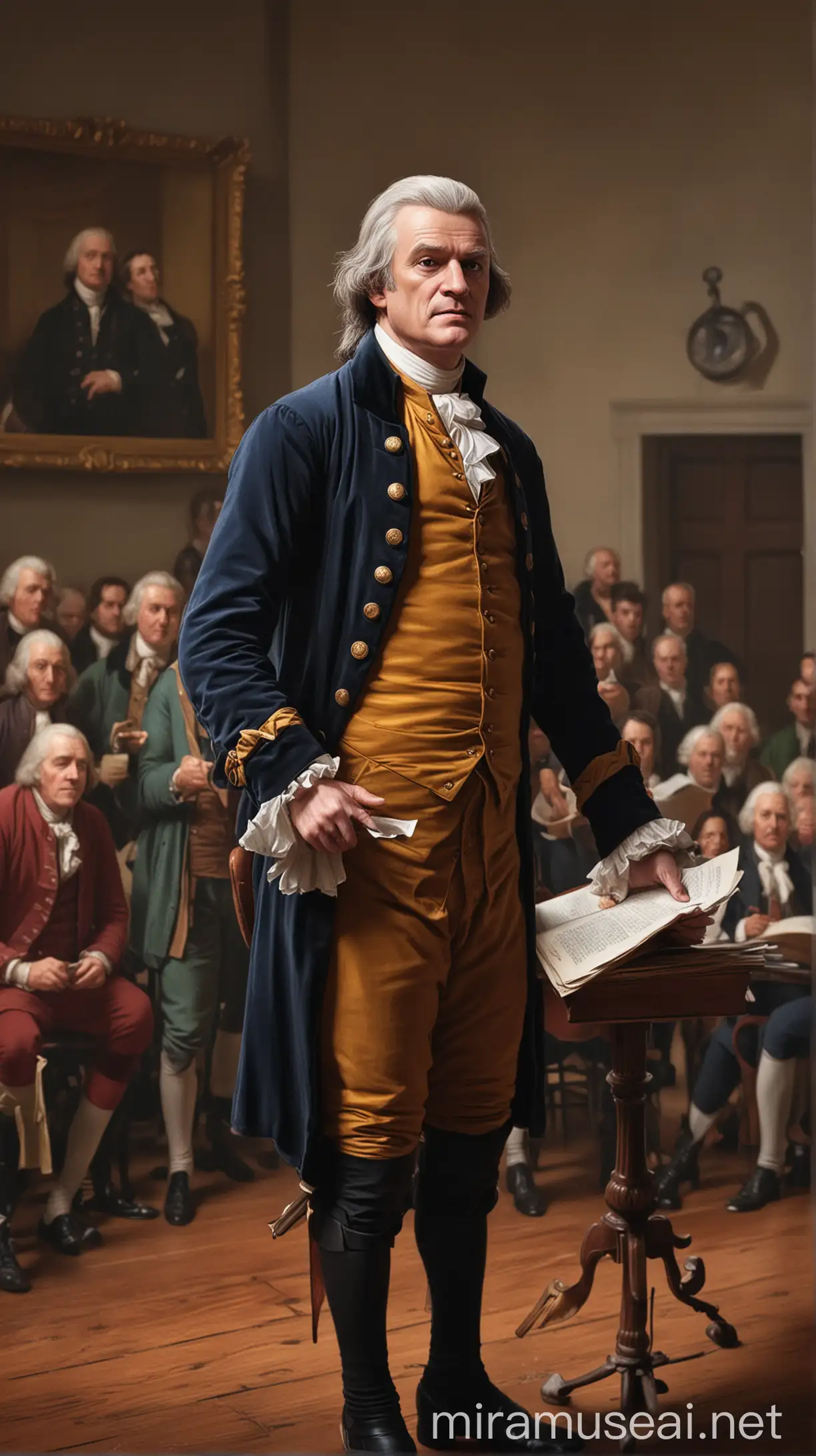 Jefferson Speaking at Virginia House of Burgesses Hyper Realistic Illustration