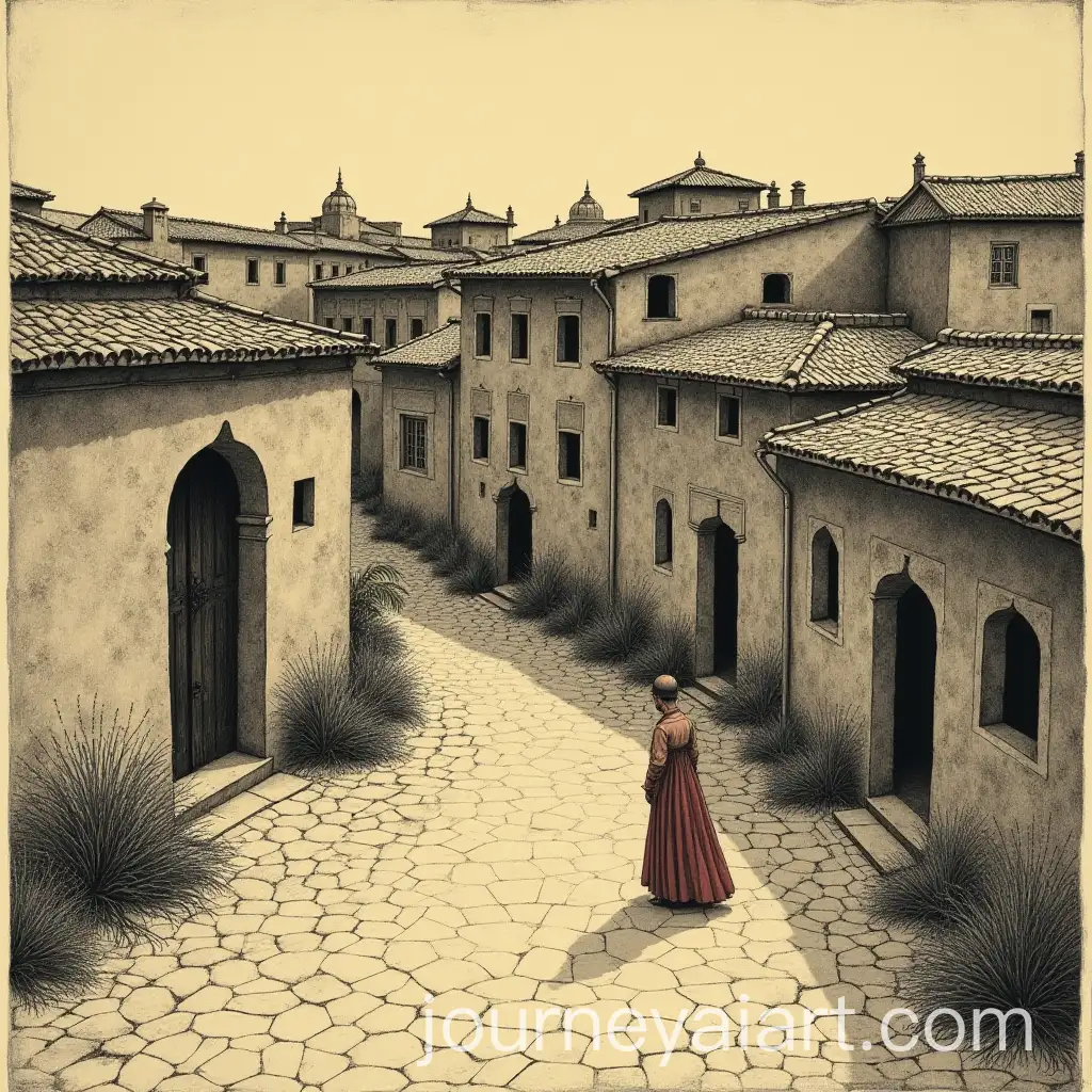 Rajasthani-Village-Illustration-in-Edward-Gorey-Style-with-Sepia-Tones-and-CrossHatched-Textures