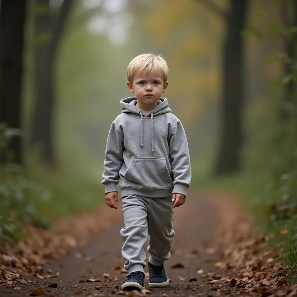 6-year-old blonde German boy walks through the forest. He is wearing a grey hoodie and grey sweatpants. He looks anxious and looks at the camera.