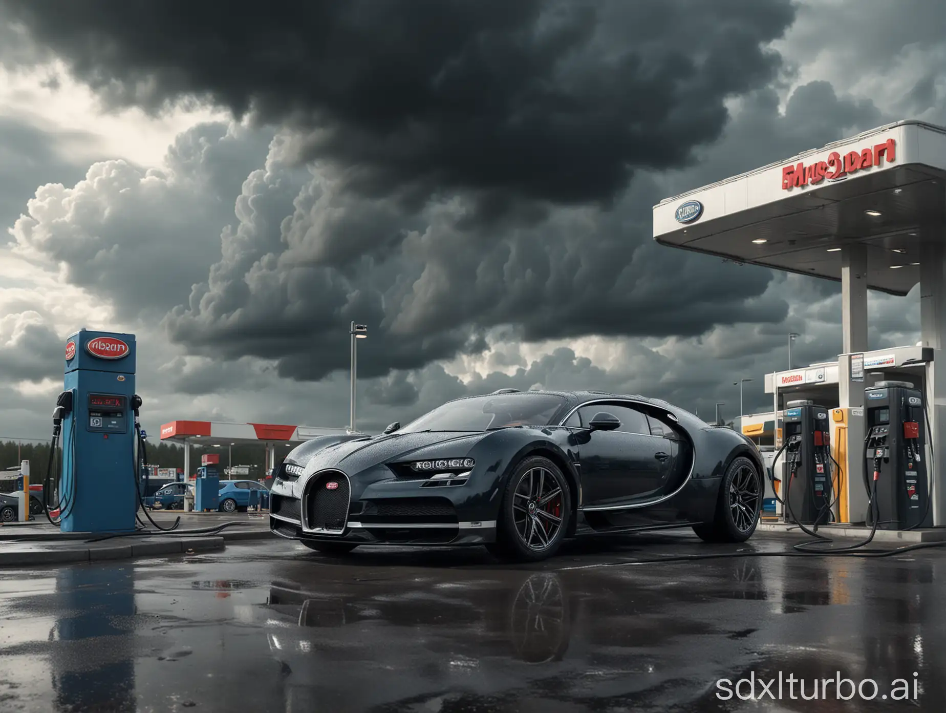 Hyperrealistic-Bugatti-Car-Refueling-at-Petrol-Station-Under-Dark-Clouds