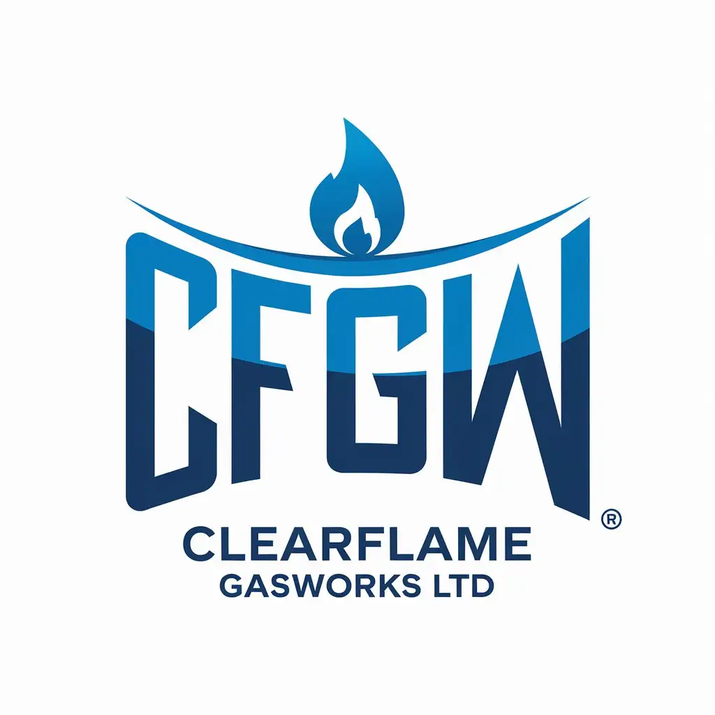 LOGO Design for ClearFlame Gasworks Ltd Azure Blue White and Stylized Flame Theme