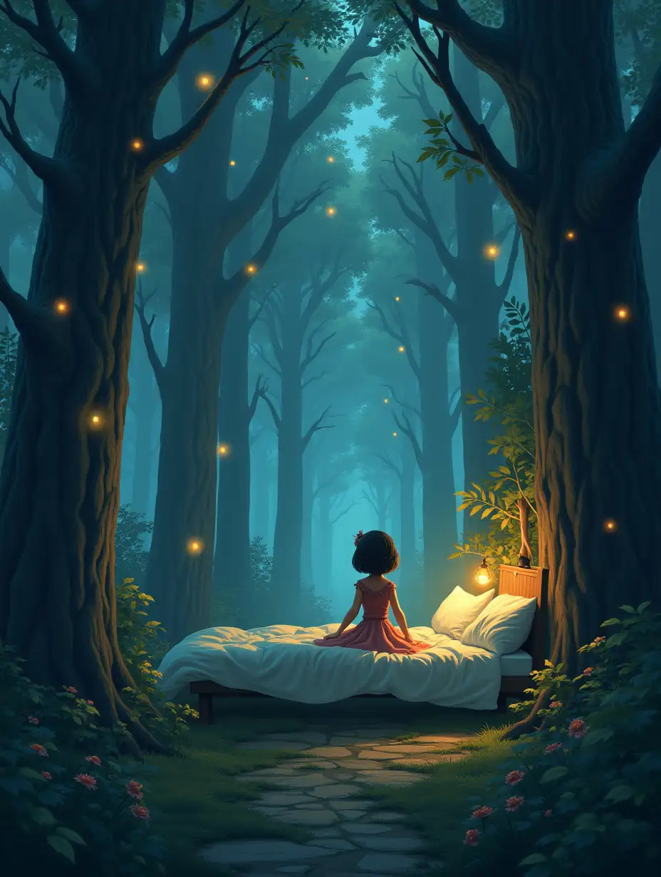 Lina wakes up in a completely different place: an enchanted forest with giant trees and floating lights. She is confused, but soon realizes that the clock has transported her to another time or dimension.