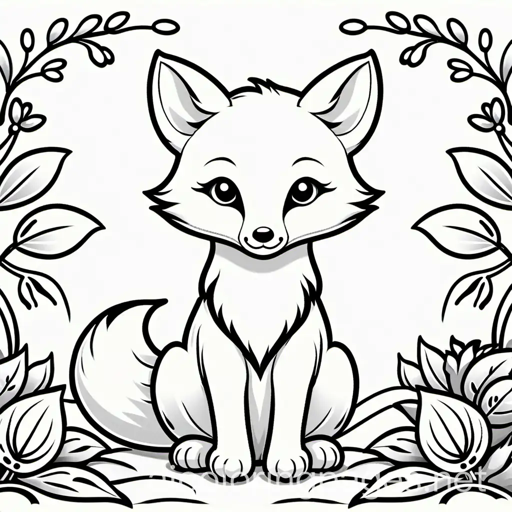 Baby fox, Coloring Page, black and white, line art, white background, Simplicity, Ample White Space. The background of the coloring page is plain white to make it easy for young children to color within the lines. The outlines of all the subjects are easy to distinguish, making it simple for kids to color without too much difficulty