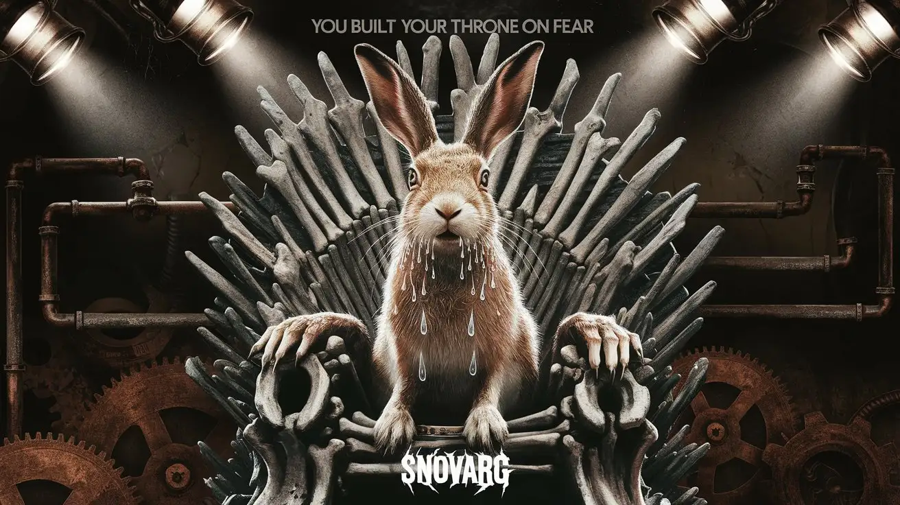 Text 'You built your throne on fear' Bullied Hare. Industry. Text 'SNOVARG' Serene Mixed Media Shining spotlights. EDM MUSIC. Album cover.