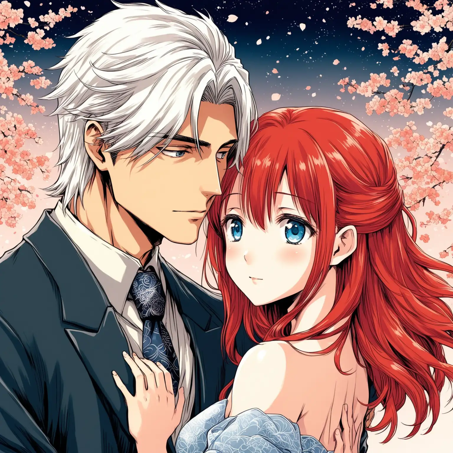 A young couple is deeply embracing. The boy is tall and handsome with white hair and dressed in a suit. The girl is petite and cute with long red hair and a gorgeous dress. Their eyes are tender and affectionate. The style of the illustration is in the Japanese manga style. The characters take up most of the picture.