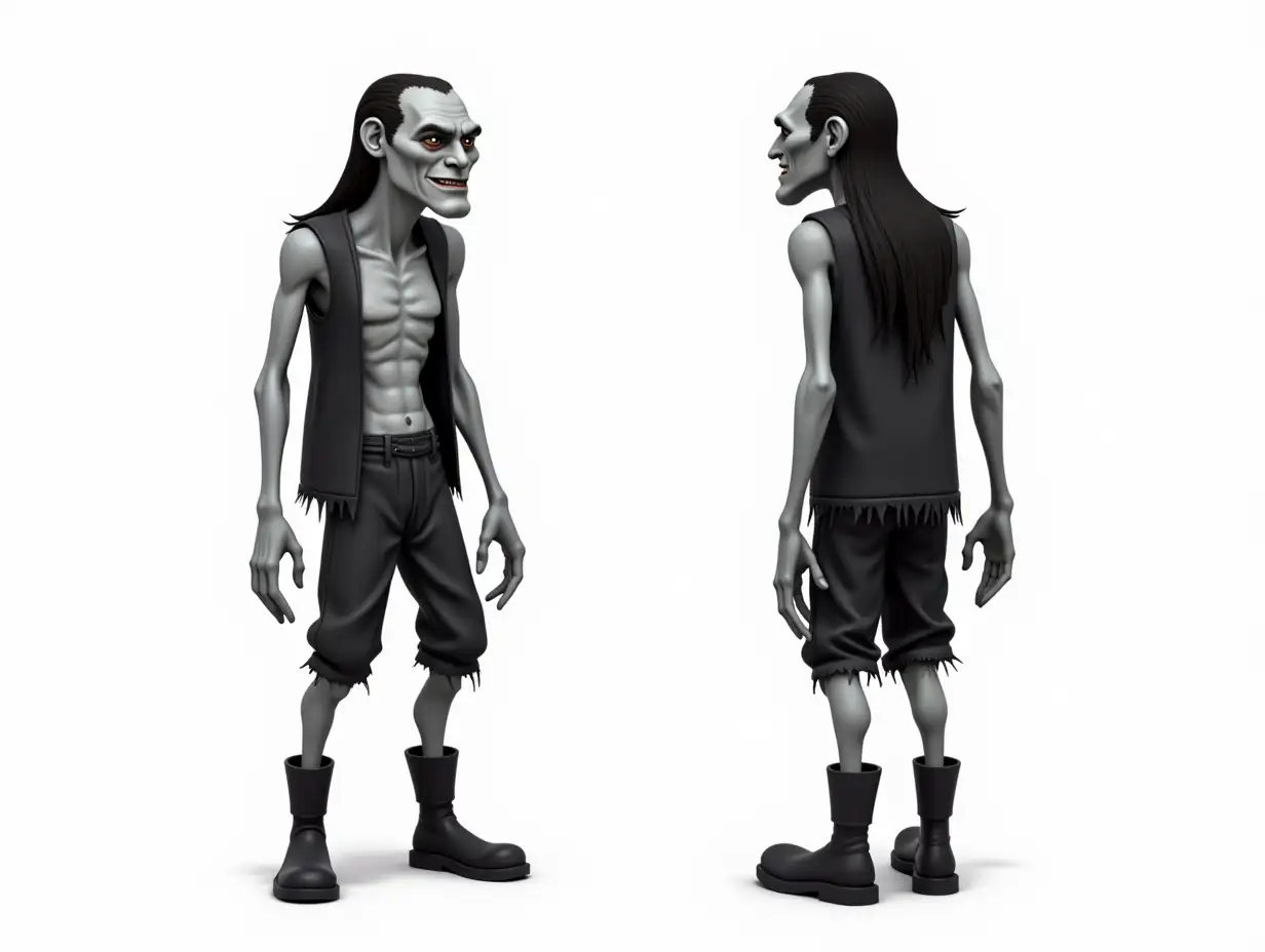 3D ON WHITE BACKGROUND, Comic style, BLACK OUTLINES, SHADED, show all head to foot, SLENDER anatomically proportionate ultra thin FRANKENSTEIN'S CREATURE, very tall and handsome, LARGE wide HEAD, slightly smiling, LONG BLACK HAIR, ULTRA PALE GRAY SKIN TONE, big scars and stitches on body, WEARING BLACK frayed LOOSE SHORT OPEN VEST, BLACK frayed BAGGY PANTS, BIG BLACK tall boots, FRONT AND SIDE poses, Ultra HD graphic NOVEL illustration, highly detailed