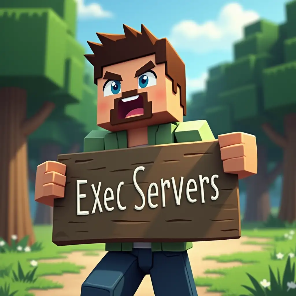 minecraft style, holds a sign named 'Exec Servers', background park