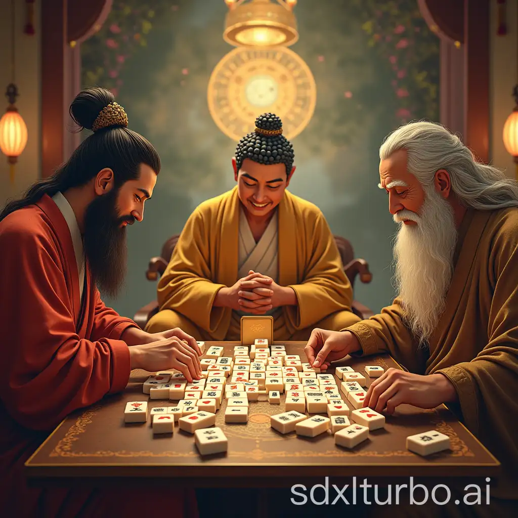 God, Buddha, Lao Tzu, Odin playing Mahjong together