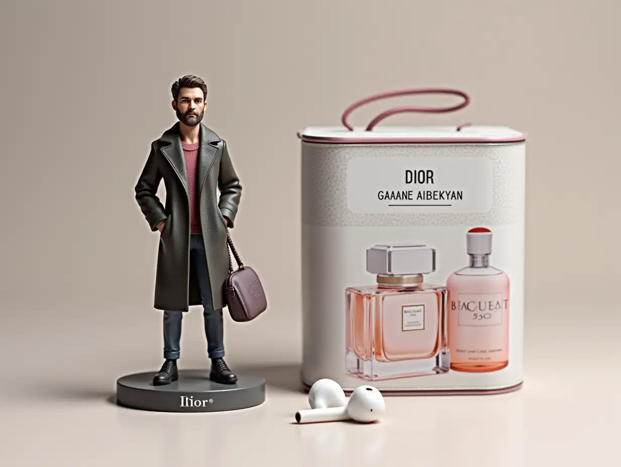 Create a suitable set of figures based on the character in the photo, preserving their distinctive features. The set includes one figurine modeled after the character in the photo, as well as [Dior bag, Baccarat Rouge 540 perfume, AirPods]. The label [GAIANE AIBEKYAN] is highlighted in bold on the packaging.